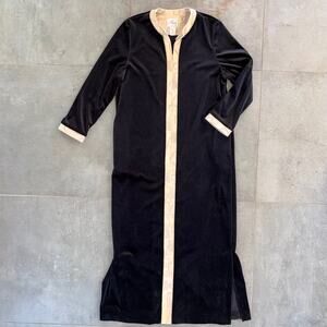 Raza New York Women's L Black Velvet Gold Trim Zip Front Caftan Robe USA Made